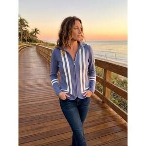 Par 69 Women's Blue Zip-Up Activewear Jacket with White Stripes